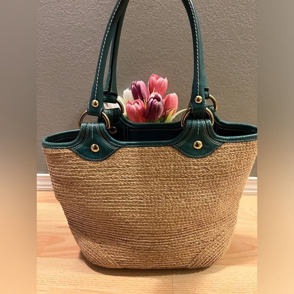 Coach Straw Tote with Teal Accents - Picture 9 of 13